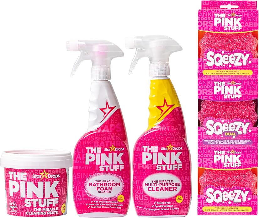 Stardrops â The Pink Stuff Ultimate Cleaning Pack â Miracle Cleaning Paste, Multi-Purpose Spray & Bathroom Foam â Cuts Grease, Removes Stains, Cleans Kitchens, Bathrooms, and More