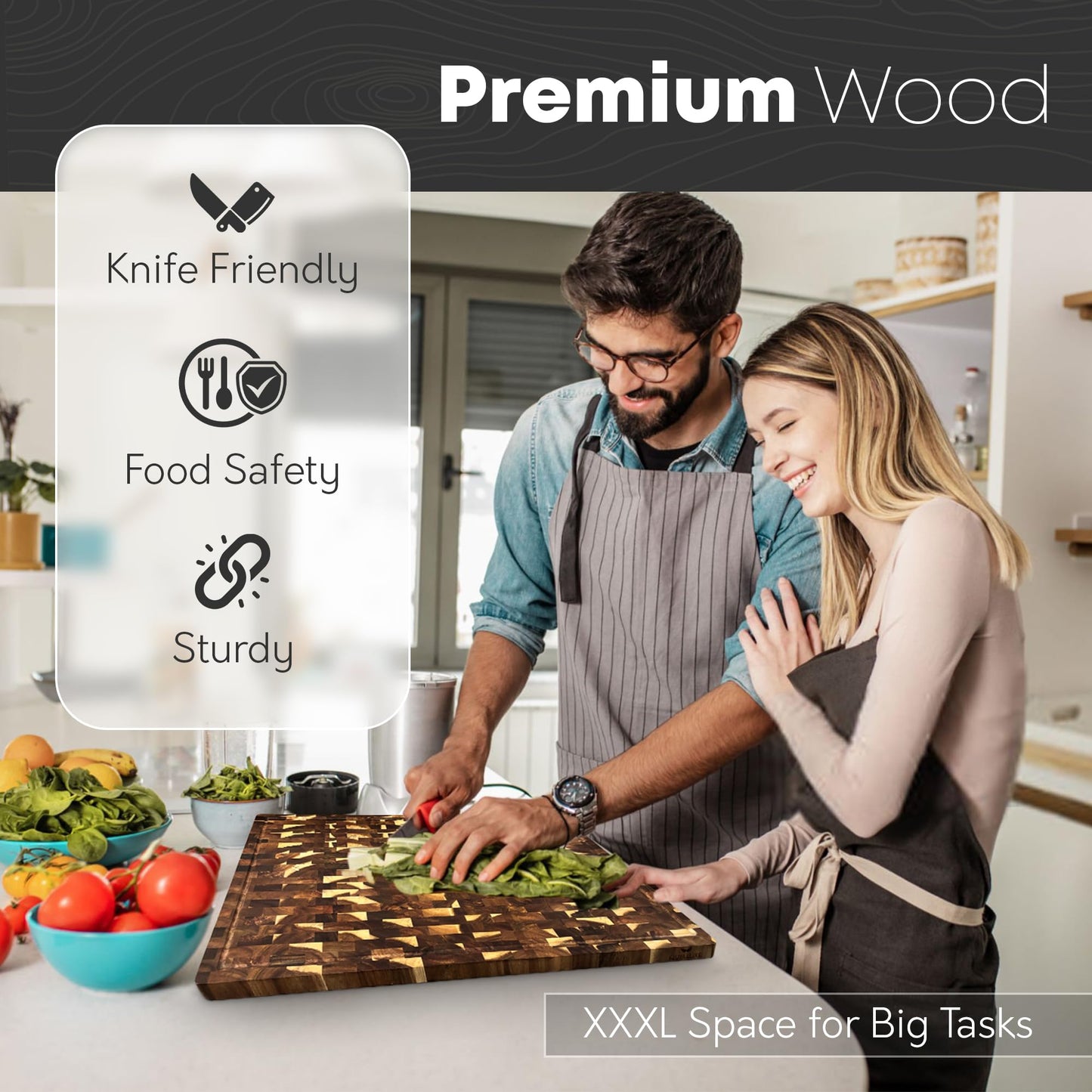 QUELLUXE 30" x 20" Acacia Wood End Grain Cutting Board Extra Large, XXXL Noodle Board Stove Cover, Heavy-Duty Butcher Block, 3XL Meat Chopping Board, Oversized Turkey Carving Board, Charcuterie Board