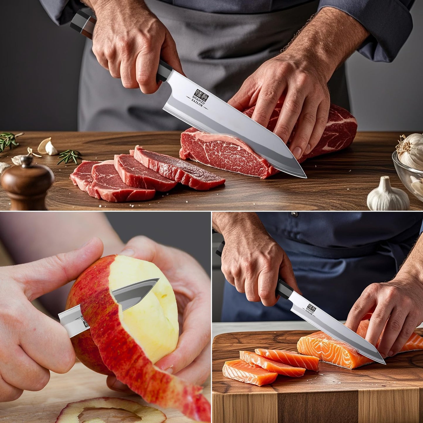 SHAN ZU 3PCS Japanese Knife Set, 9 Layers 10Cr15MoV High Carbon Steel Professional Kitchen Knives, Sharp Chef Knife Set with Ergonomic Red Sandalwood Handle, Sashimi Cooking & Cutting Knives Set