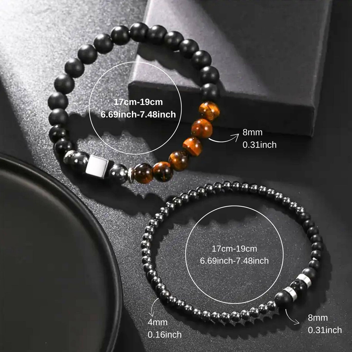 TUQBA 2 PCS Triple Protection Bracelet Set for Men Tiger Eye, Hematite, Onyx Beaded Natural Stone Healing Crystals Jewelry Christmas, Fathers Days Gift, Baptism, Birthday Gift