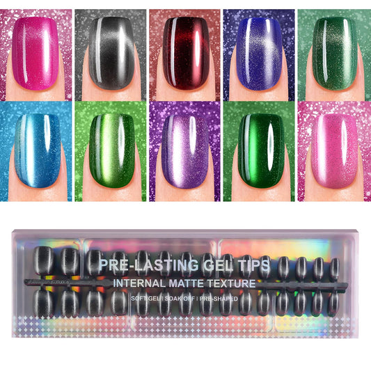 Plauva Cat Eye Press on Nails Short Square, 300Pcs Soft Gel Fake Nails, Glossy Glitter Cat Eye Nail Tips for Women and Girls Stick On Nails in 15 Sizes
