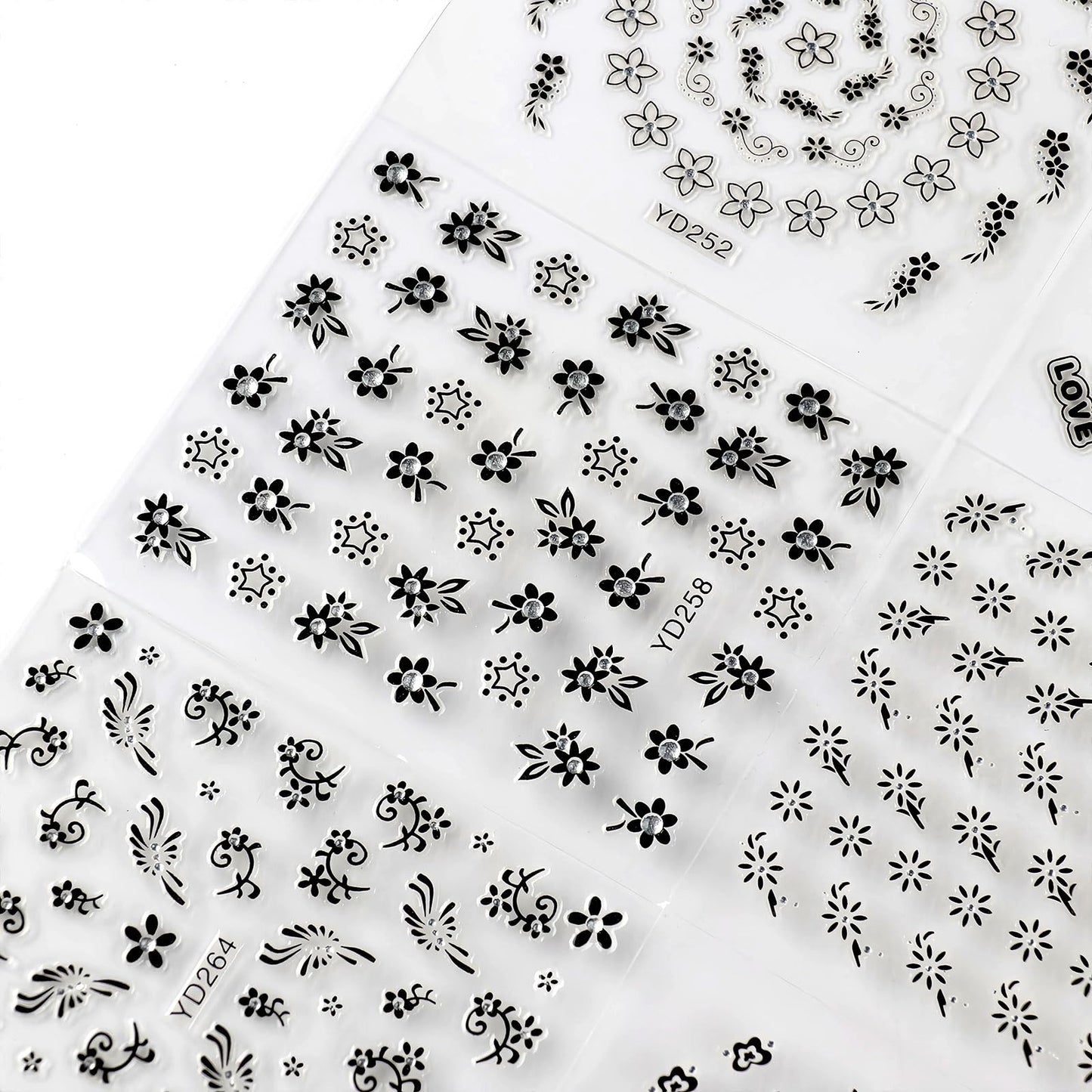 30 Sheets Black Flower Art Nail Stickers for Women Girls, 3D Rhinestones Self-Adhesive Decals Supplies, Floral Butterfly Heart Designs Accessories Decorations