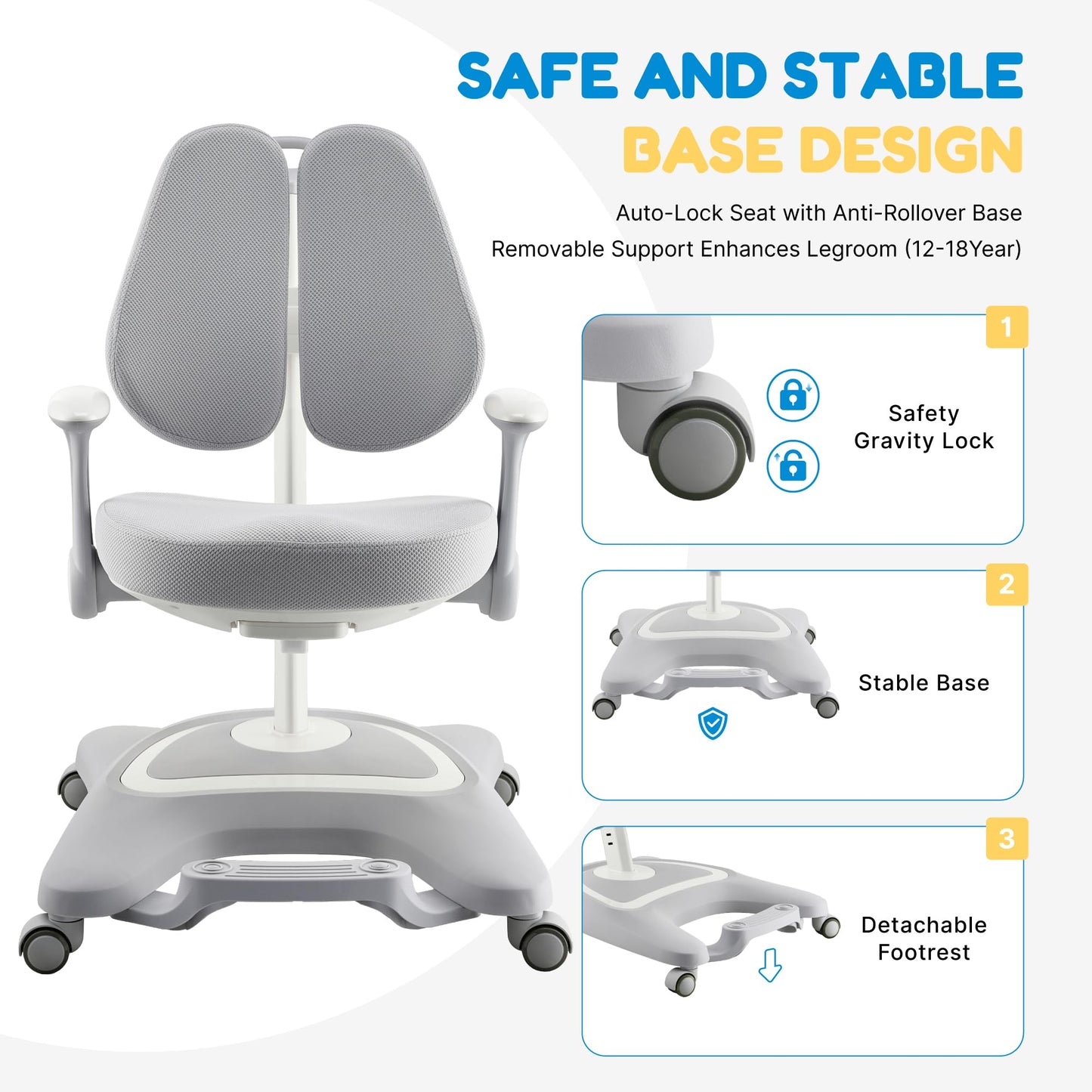 ERIYA Kids Desk Chair,Ergonomic Chair: Height-Adjustable, Double Back Support – Multifunctional for Study/Work/Dining | Ideal for Kids, Petite Adults – Ultra-Comfy (Bedrooms, Schools, Offices)(Grey)