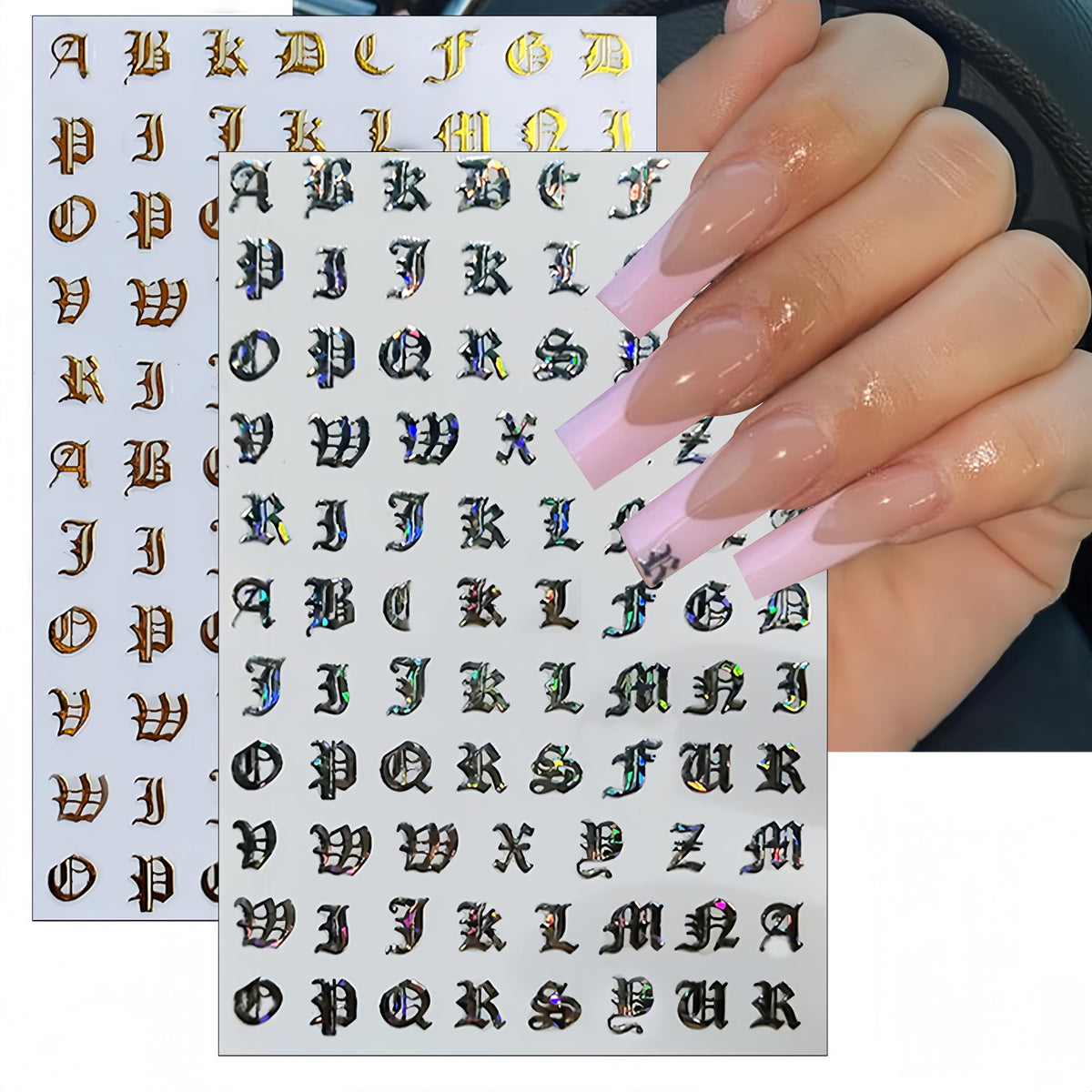 8 Sheets Old English Nail Art Stickers Decals Black and White Letters Characters Nail Decals Laser Glitter Gold Alphabet Nail Art Design Letter Words Nail Stickers for Women Girls Nail Decoration