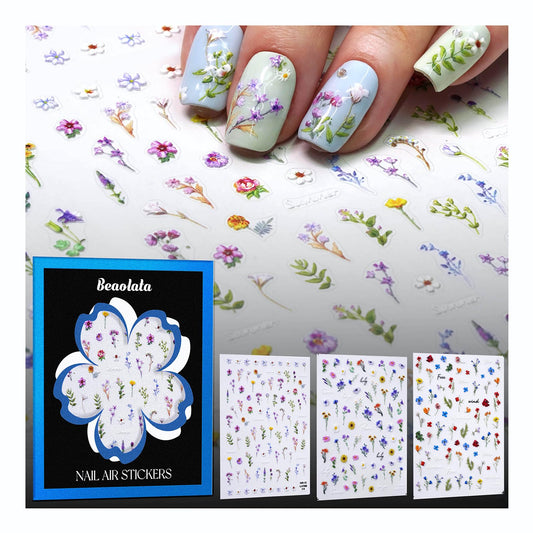 Beaolata Flower Nail Stickers for Nail Art - 3 Sheets 5D Embossed Iridescent Floral Trio Leaf Plant Designs Self-Adhesive Nail Decals for Women Manicure Salon Nails Art Decoration