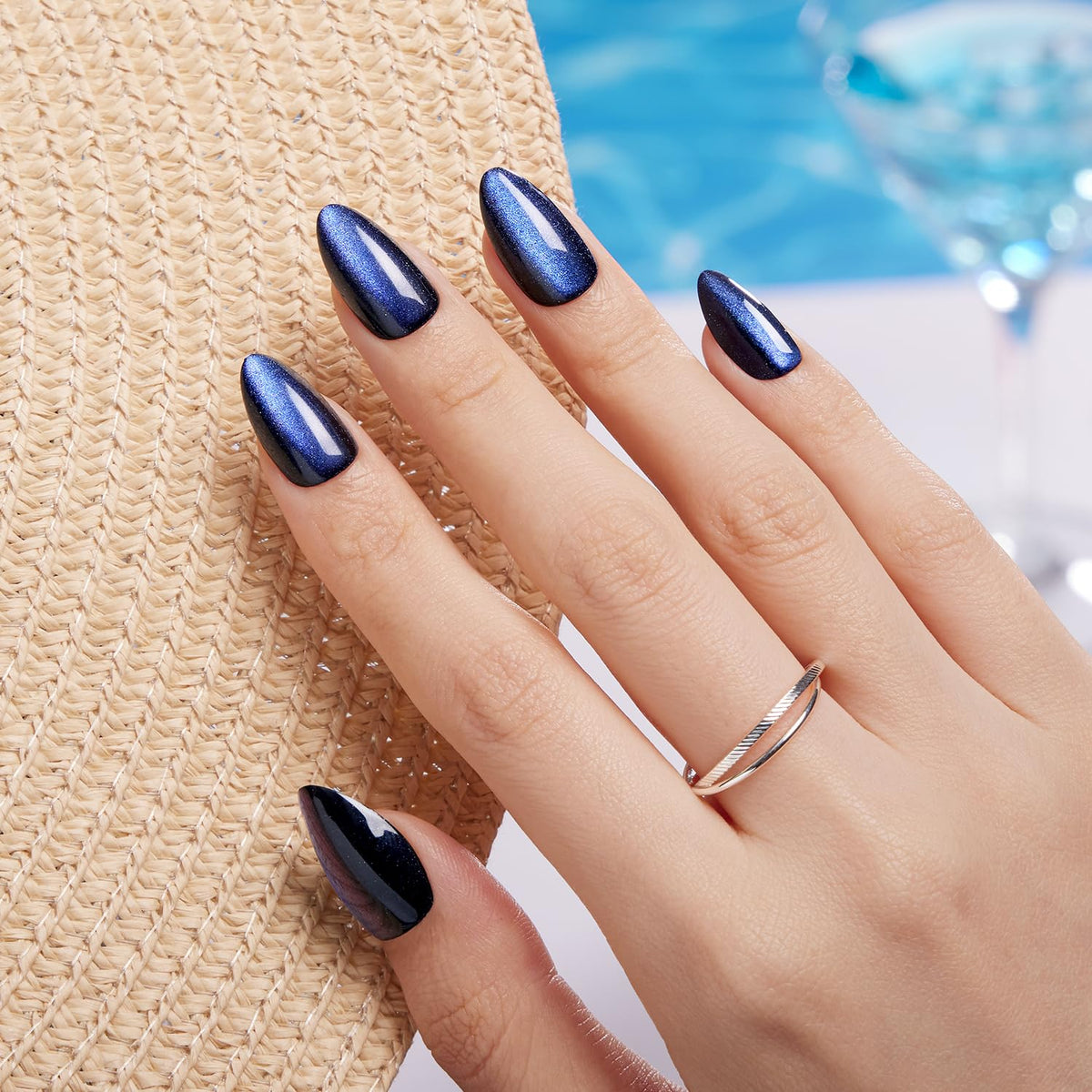 VSALON Short Almond Press on Nails - Blue Cat Eye Velvet Fake Nails for Women - Opaque Reusable Salon Quality Summer Shimmer Glue on Nails with Adhesive - 32 PCS in 16 Sizes