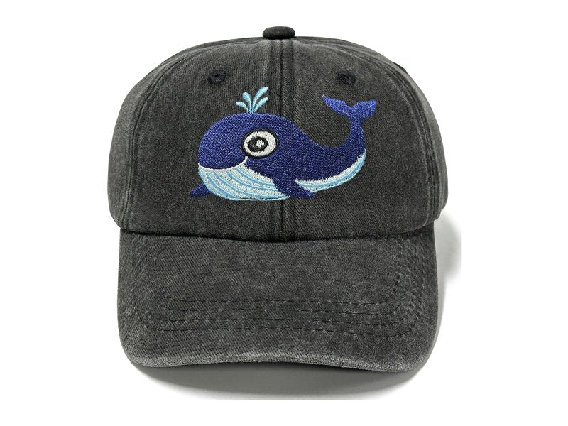 Horpe Whale Fish Baseball Cap for Kid, Ocean Animal Themed Gift for Child, Sea Creature Hat for Boys and Girls, Adjustable Embroidered Washed Black Hat