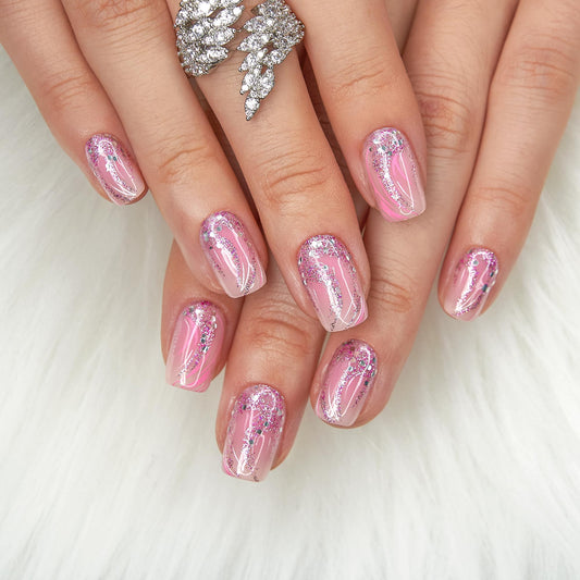 Curvlife Press On Nails – Soft Gel Salon Quality False Nails with Glue, Long Lasting Daily Nail Tips for Women (Pink Nails with Glitter Lines, Medium)