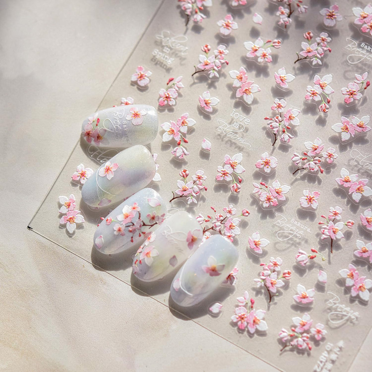 Pink Flower Nail Stickers for Nail Art 5D Embossed Nail Decals Cherry Blossoms Nails Art Stickers Summer Nails Supplies White Floral Nails Art Decoration