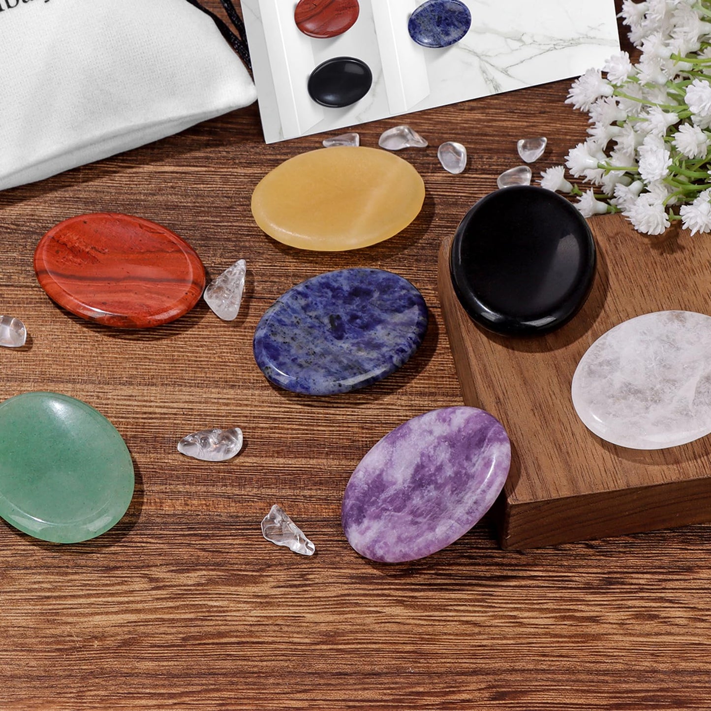 GolbalJew 7PCS Thumb Worry Stones for Anxiety Healing Crystals Sets, 7 Chakra Crystals and Healing Stones, Meditation Crystal Reiki Natural Relax Palm Stone for Anxiety Therapy Relief