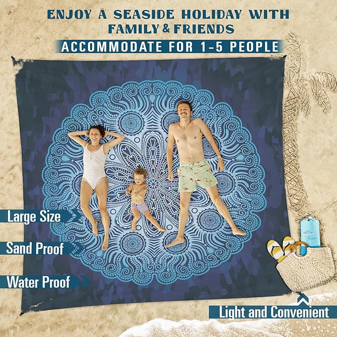 Famstar Beach Blanket Sandproof Waterproof 78''81'' 1-5 Adults Oversized, Compact Lightweight Durable 210T Polyester Beach Mat for Travel Camping Hiking Picnic