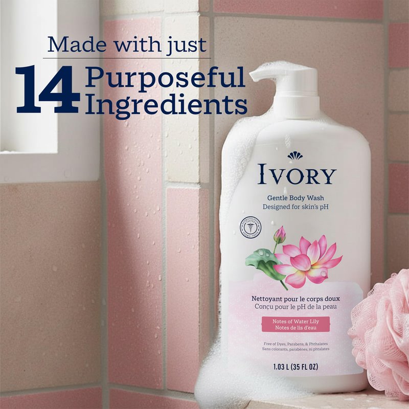 Ivory Body Wash, Designed for the Whole Family, Gentle Formula, Free of Dyes Heavy Perfumes Parabens Phthalates & Silicones, Designed for Skin's pH, Water Lily Scent, 35 oz