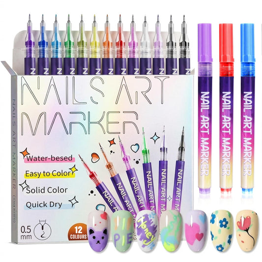 12 Colors Nail Art Pens Set for Nails, Nail Polish Pens Kit, 3D Acrylic Nail Markers, 0.5–0.7mm Fine Tip Nail Art Design Pen, Quick Dry Waterproof Dotting Liner Brush for DIY Manicure Tools