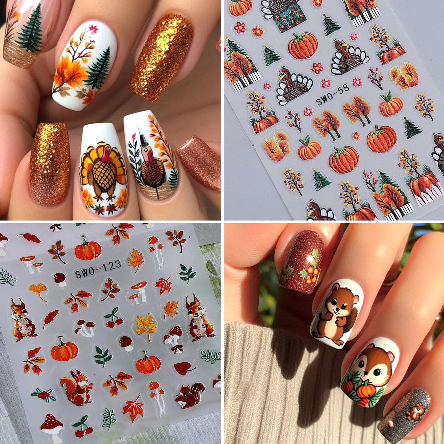 2Sheets Thanksgiving Nail Art Stickers 5D Embossed Squirrel Maple Leaf Nail Decals Self-Adhesive Turkey Pumpkin Designs Nail Sticker Fall Leaves Mushroom Nail Decal for Women DIY Manicure Decoration