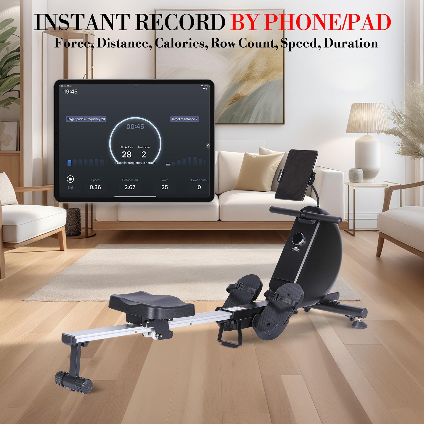 Rowing Machines for Home,Magnetic Rowing Machine with 16 Levels, 350 LB Weight Capacity, Free Snailcle App