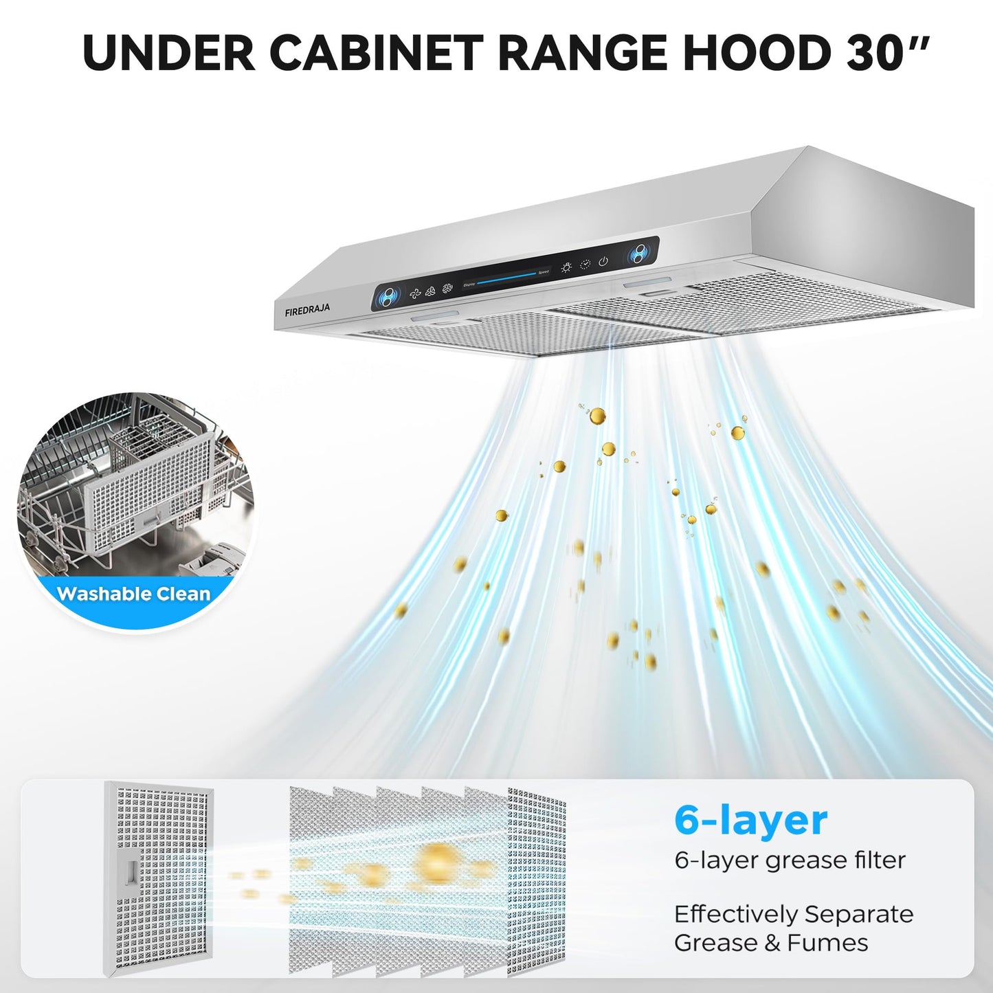 30 Inch Under Cabinet Range Hood |550 CFM Kitchen Vent Hood with Touch & Gesture Control | 3-Speed Quiet Operation | Stainless Steel with LED Lights, Ducted/Ductless convertible