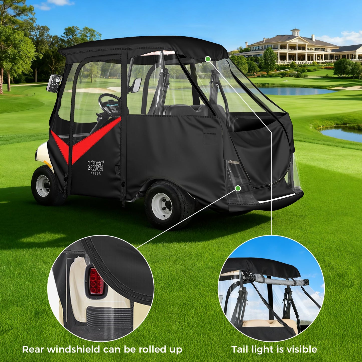 10L0L 4 Passenger Golf Cart Enclosure for Club Car DS (Short Roof 56"), Windproof Waterproof Portable Storage Cover 4-Sided Clear Window & Roll-up Zipper Door - Black Red