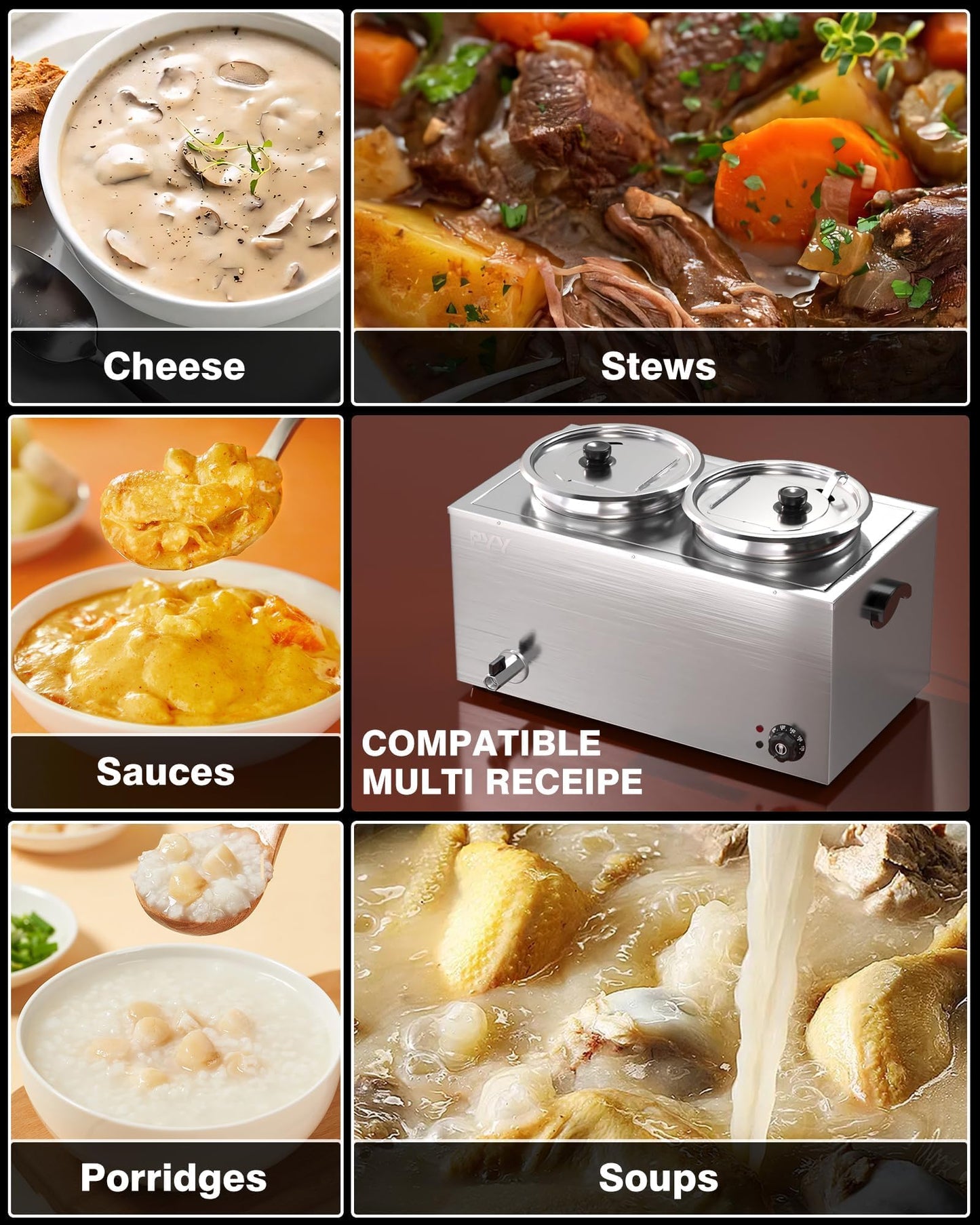PYY Soup Warmer Commercial - Two 11.6QT Stainless Steel Bain Marie Round Pot 86~185°F Adjustable Temp, 1500W Electric Soup Warmer Countertop with Anti-Dry Burn and Reset Button for Restaurant, Buffet