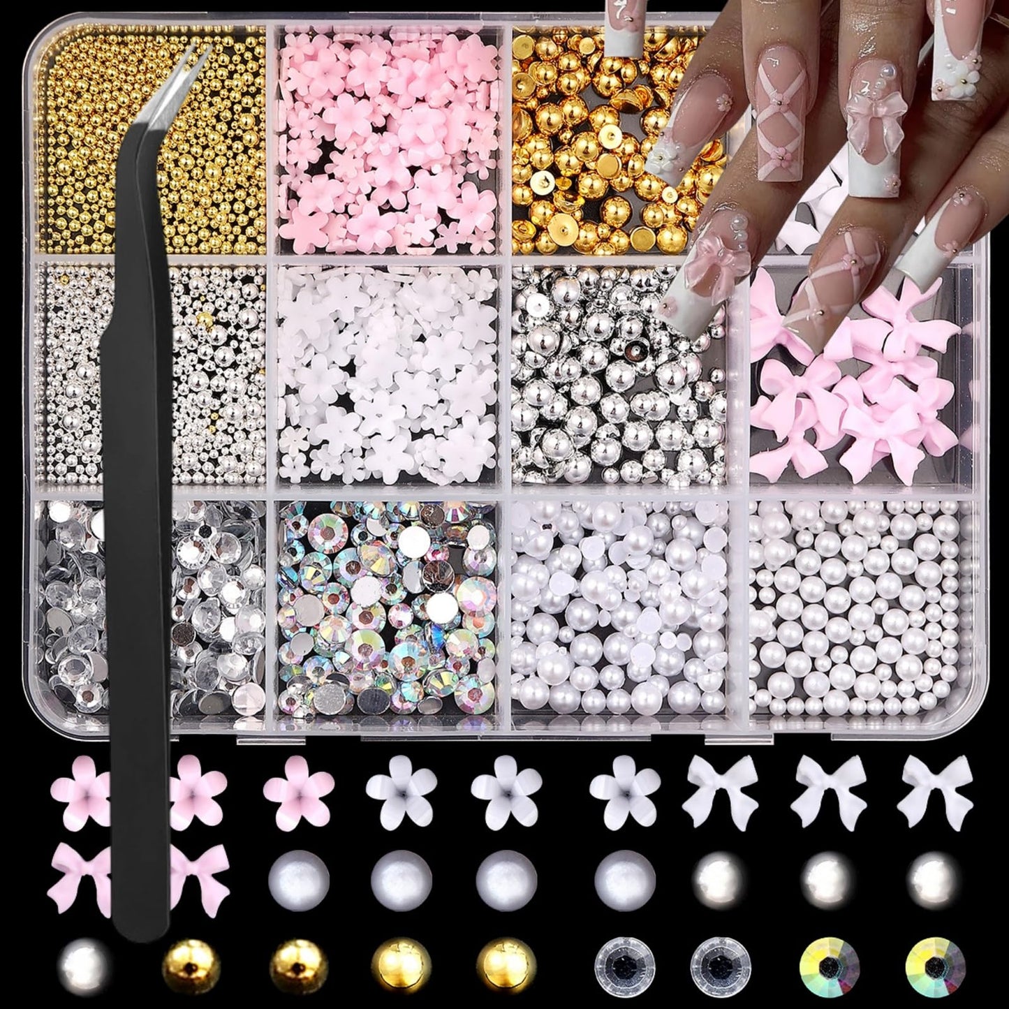Flower Petal Nail Charms 3D Resin Pink Bow Nail Gems Cute Silver Gold Beads Nail Jewels Shiny Laser Pearl Rhinestones Nail Art Supplies for Women DIY Acrylic Nail 12 Grids 1 Box 12 Styles