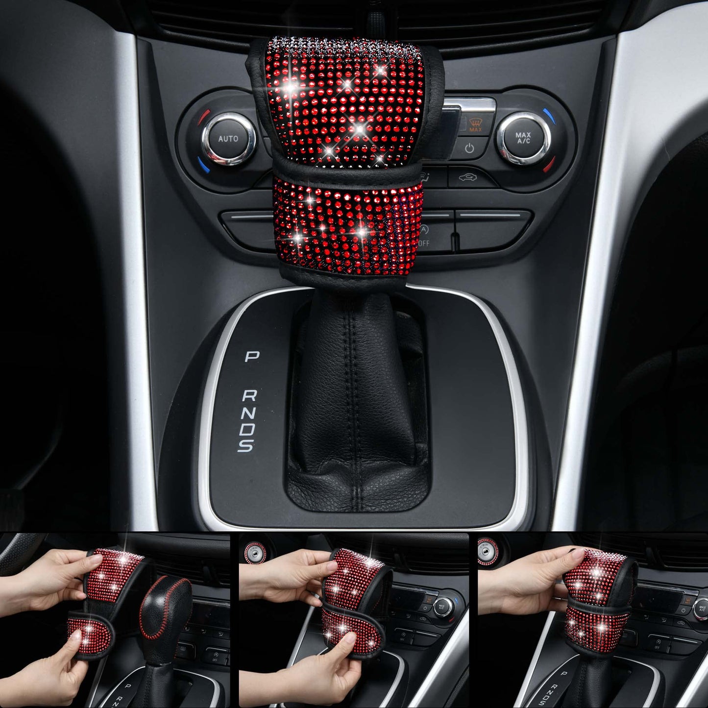 CAR PASS 11 PCS Bling Diamond Car Mats Set for Women Girls, Sparkly Rhinestone Steering Wheel Cover, Waterproof Floor Mats Universal Fit for SUV,Vans,Sedans,Trucks Anti-Slip, Interior Sets Black Red