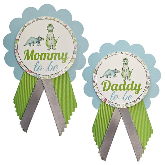 Dinosaur Baby Shower Pins for Mommy Daddy Jungle Family to wear, It's a Boy Blue Green Sprinkle (MOM & DAD PINS)