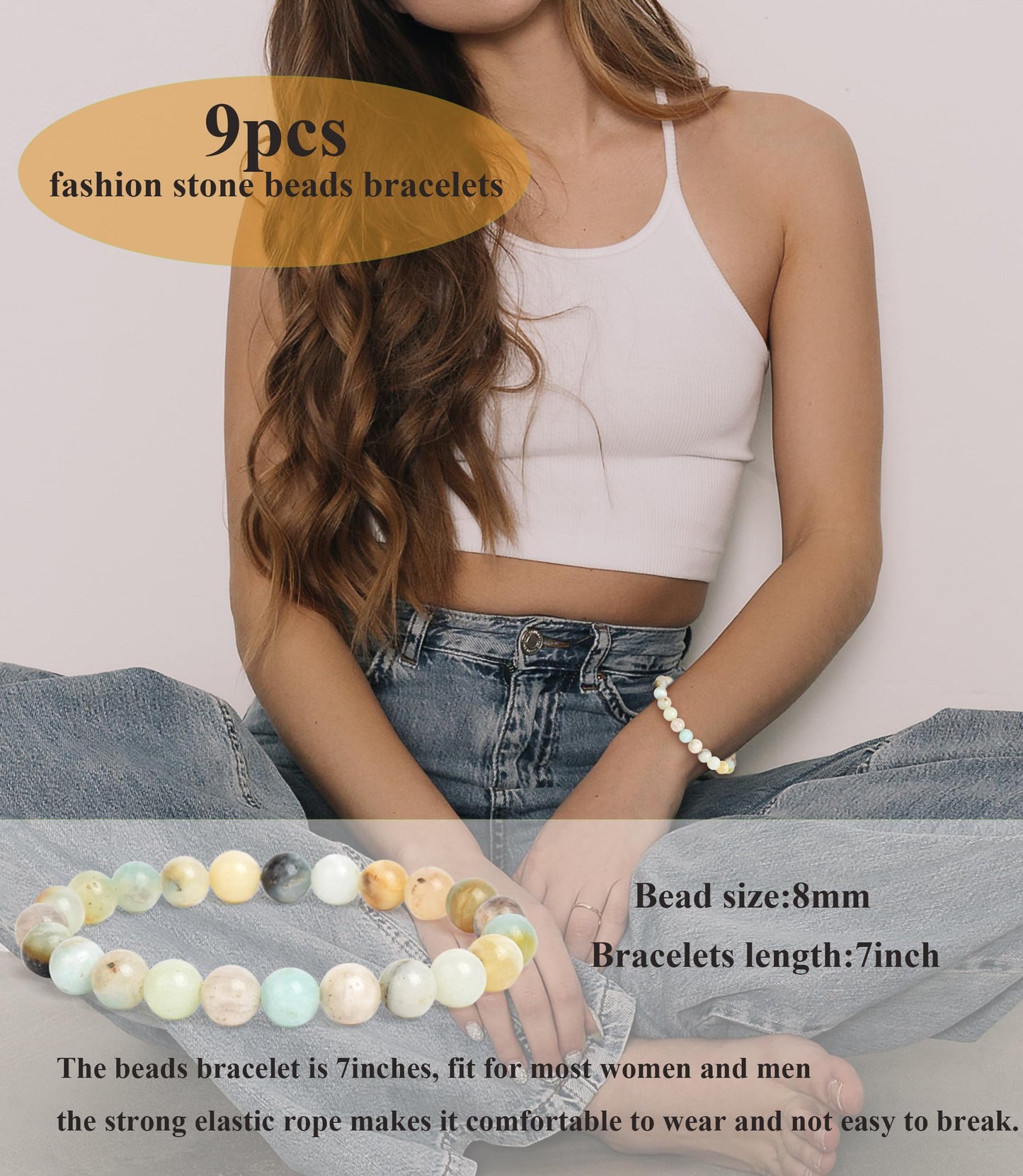BOMAIL 9PCS Natural Crystal Bracelets for Women Men - 8mm Semi-Precious Gemstone Beaded Bracelets, Round Gemstones Stretch Bracelet, Yoga Bracelets Jewelry