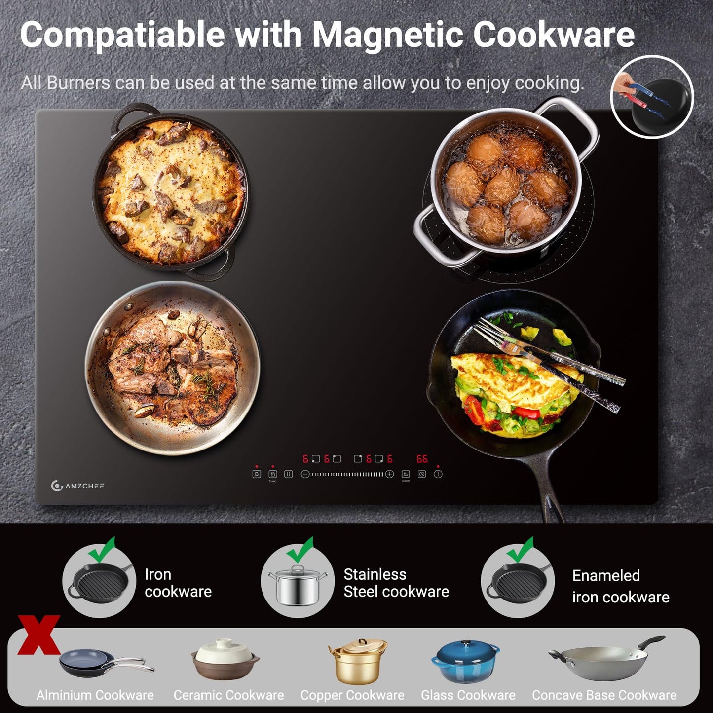 AMZCHEF Electric Cooktop 30 Inch with 4 BOOST Burners Bulid-in Induction Cooktop, 220V-240V/7200W 9 Levels Stove Control by Slide Touch, Child Safety Lock, Pause,Timer and Overheat Protection, No plug