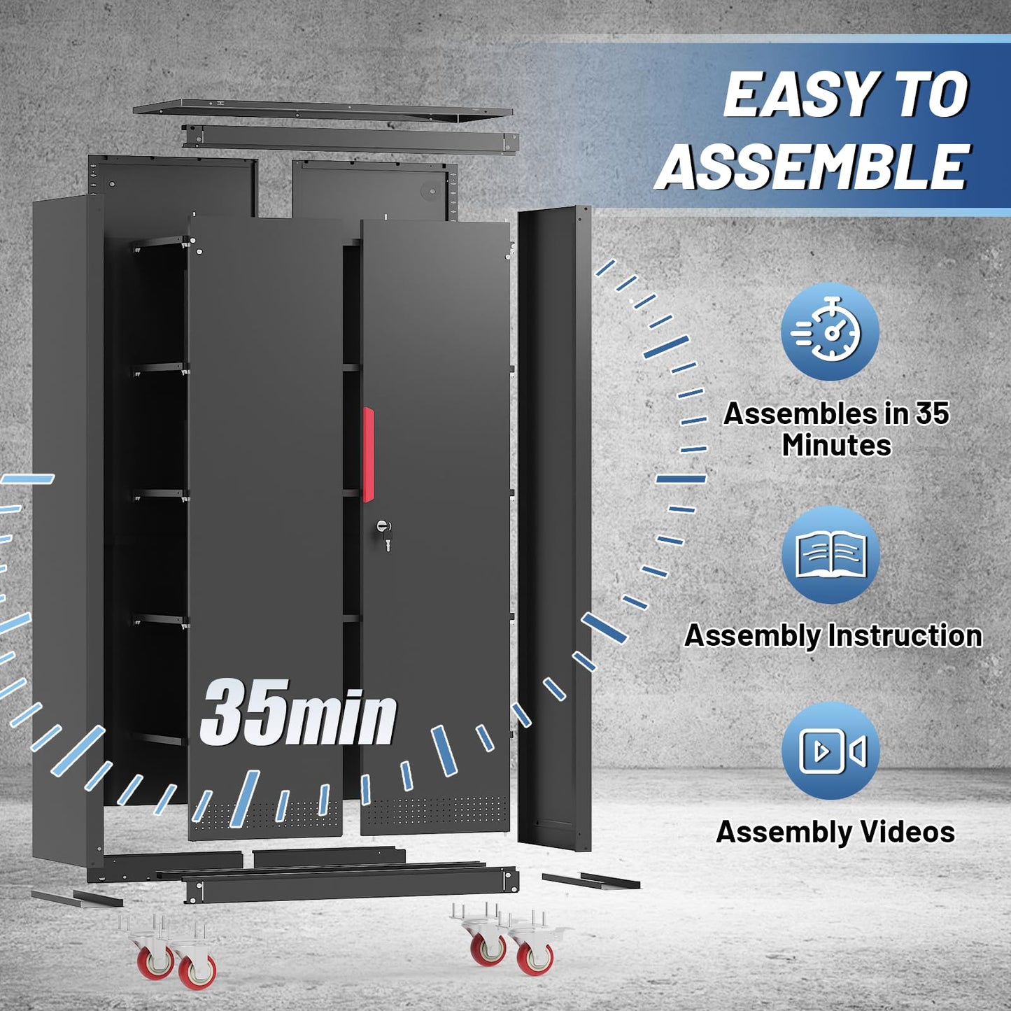Rumetol Metal Storage Cabinet with Wheels,71" Garage Cabinets with 4 Adjustable Shelves and Lockable Doors,Black Locking Cabinet Suitable for Garages,Home,Office