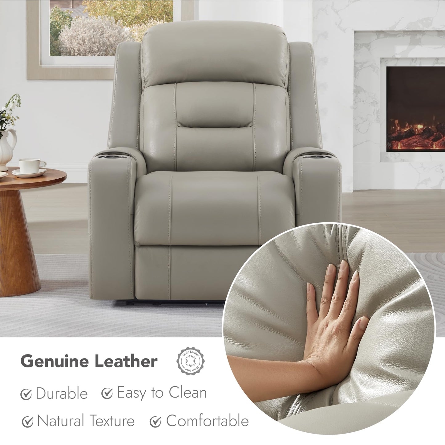 Watson & Whitely Genuine Leather Power Recliner Chairs for Adults, Lay Flat Recliner with Power Headrest, USB Ports and Cup Holders, Electric Reclining Sofa for Living Room, Bedroom, Grey