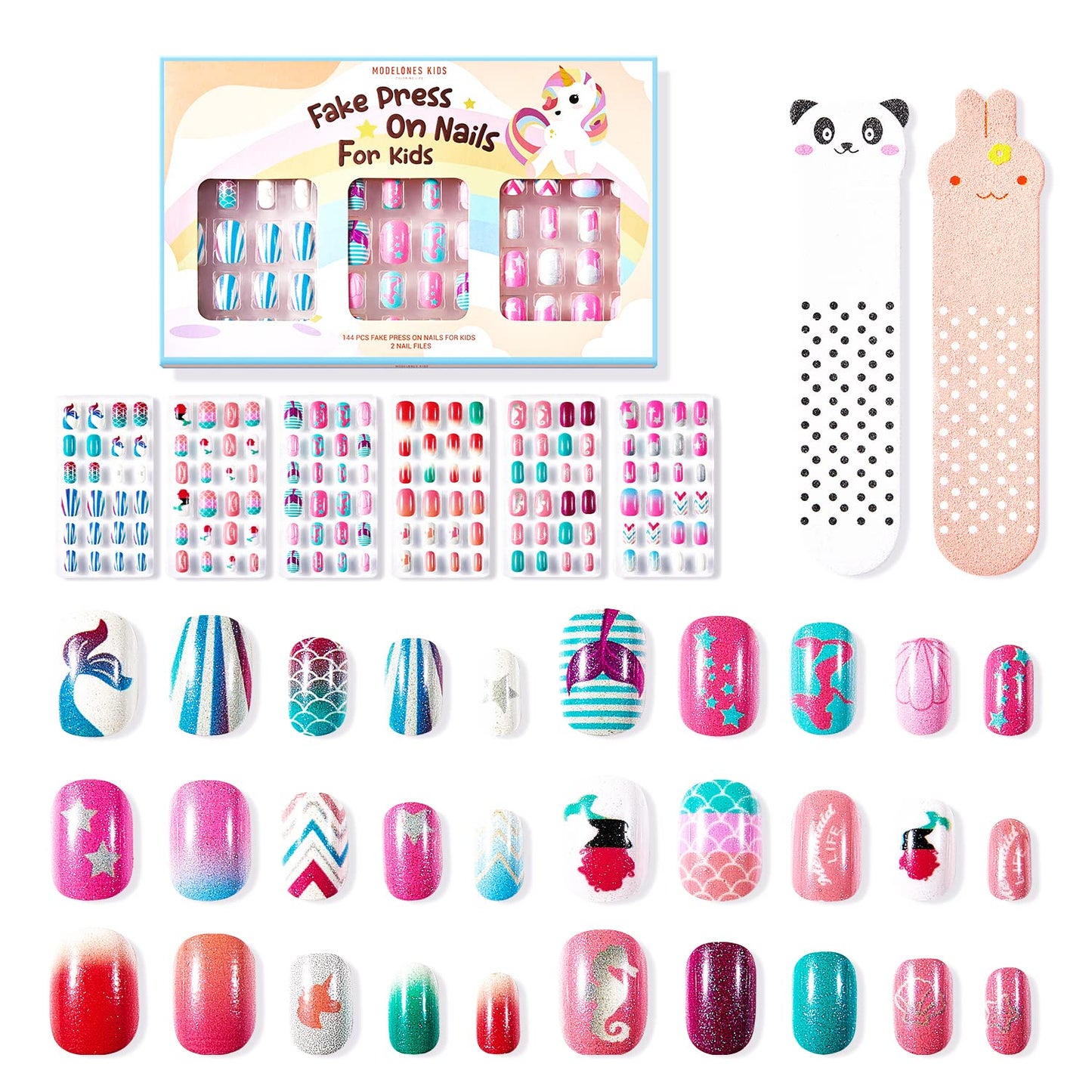 Modelones Press on Nails for Kids 144Pcs 6 Pack Children Acrylic Fake Nails Pre-glue Full Cover Glitter Color Mermaid Beach Short False Nail Art Kits Sets Gifts for Girls