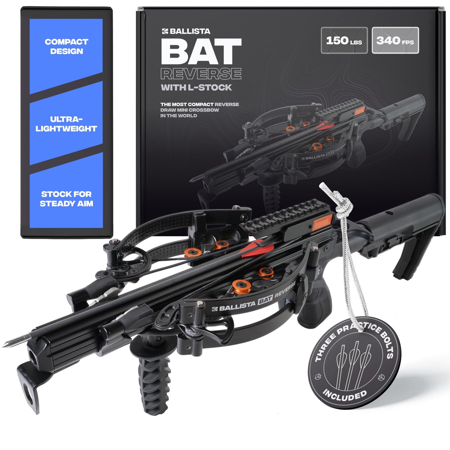 BALLISTA BAT Reverse L-Stock Draw Compound Crossbow for Hunting, Fishing and Target - Fast 340 fps, Powerful 150 lbs, Lightweight 4 lbs