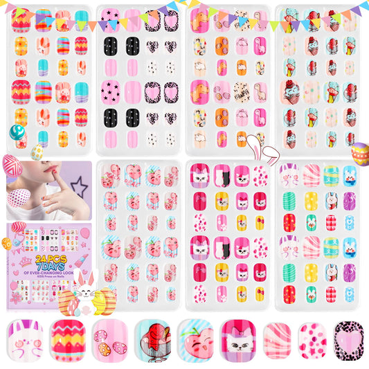 SAVILAND Press on Nails for Kids 7-day Styling: 168PCS Kids Press on Nails for Girls Colorful Patterns Full Cover Short Square Fake Nails False Nail Art Set Christmas Easter Gifts 8-12 Years Child