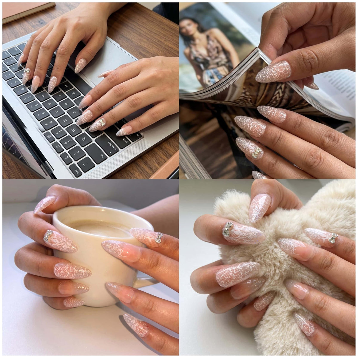 Almond Press on Nails Medium White Fake Nails Lace Print Designs with 3D Rhinestones Bowknot Glue On Nails Cute Acrylic Press on Tips Full Cover Stick on Nail Reusable Manicure for Women 24 Pcs