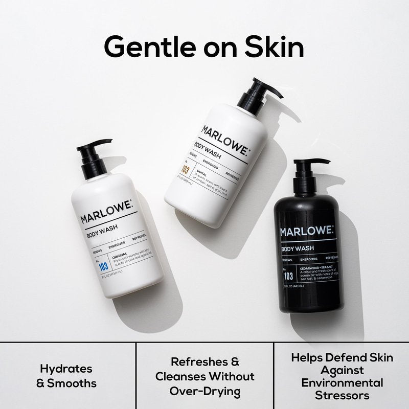 MARLOWE. Men's Body Wash, 15oz Pump, Energizing & Refreshing Shower Gel, Moisturizes, Nourishes, Clean Vegan Formula with Willow Bark & Green Tea Extracts, Warm Amber, Sandalwood & Citron Santal Scent