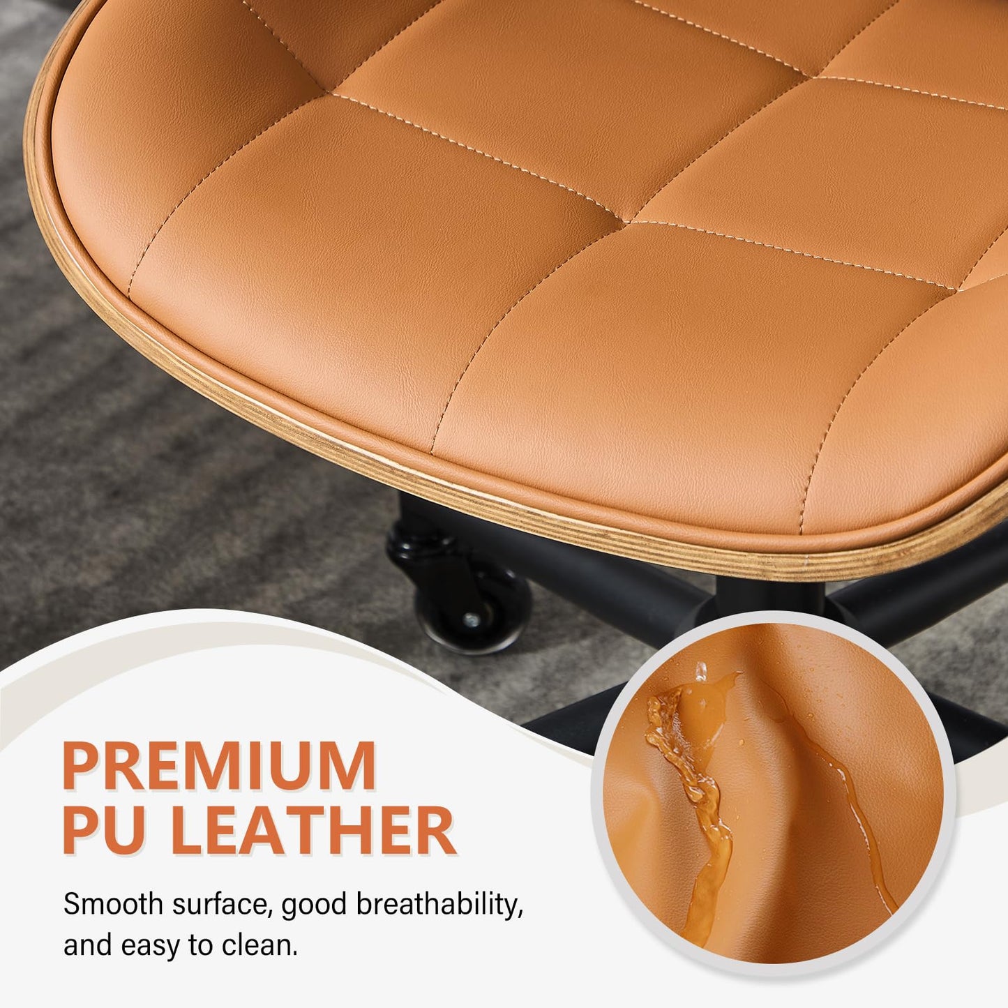 BERYTH Home Office Desk Chair with Wheels, Adjustable Height Armless Office Chair, PU Leather Mid Back 360° Small Computer Chair, Modern Walnut Chair No Arms for Office, Reading Meeting Room(Brown)