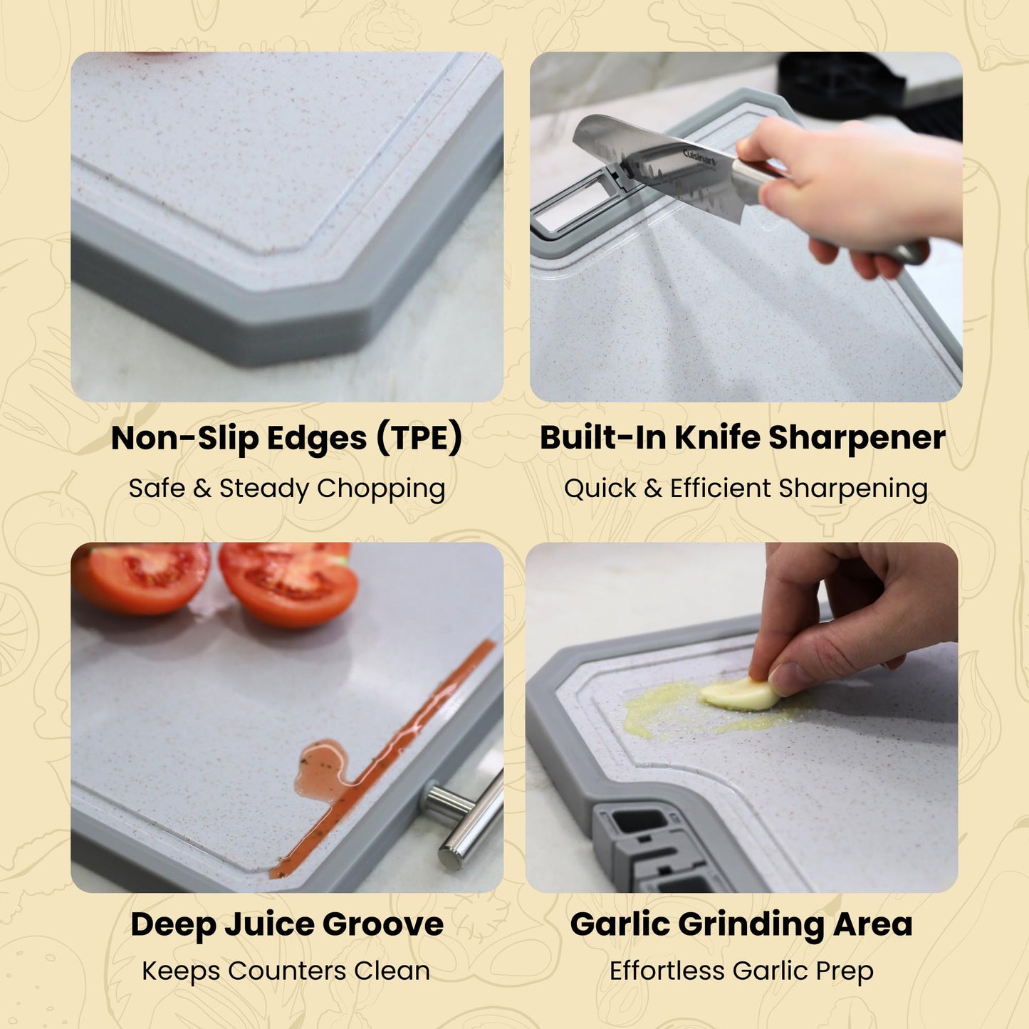 MUGAA Stainless Steel Frying Pan 3-Piece Set + Large Stainless Steel Cutting Board – Honeycomb Nonstick Skillets (8”, 10”, 12”) with Lids & Spatula, Double-Sided 304 Steel Board with Knife Sharpener