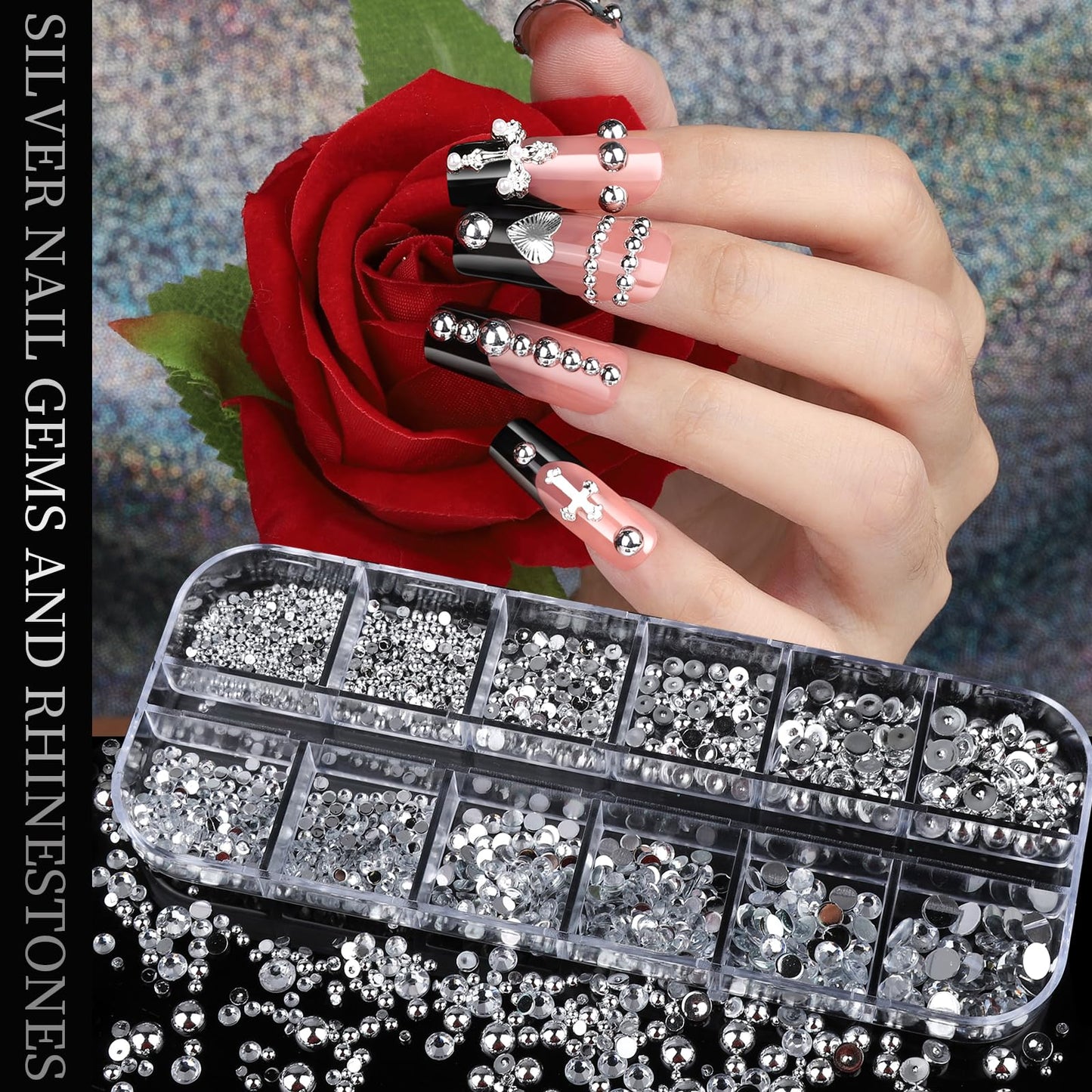 Teenitor Silver Nail Charms and Gems Kit, 4 Boxes Nail Gems Silver Rhinestones for Nails, 3D Y2K Accessories Nail Decor, Cross Charms for Nails Design Star, Caviar Beads for Nails Art