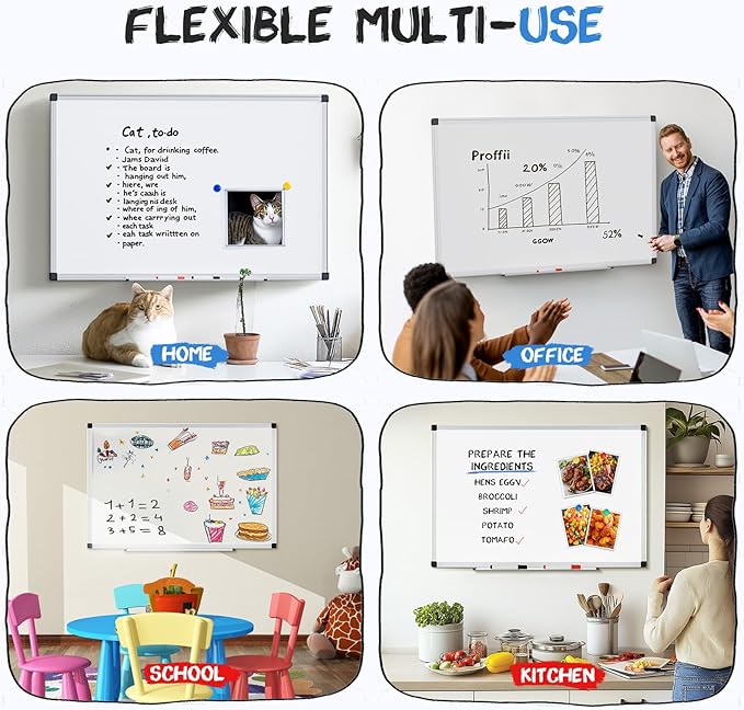 DUMOS Magnetic White Board Kit for Wall 36" x 24", Dry Erase Board with 1 Dry Eraser & 2 Multicolor Markers & 4 Magnetic Pins, Reinforced Aluminum Frame for Home, School, Office