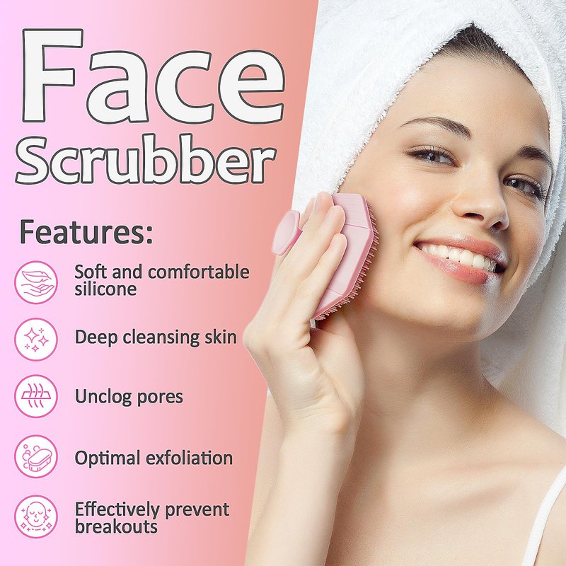 3 Soft Silicone Skin Scrubbers - Body Scrubber Exfoliating Brush Bath Shower Tool, with Gentle Manual Face Cleansing Wash Scrubber, with Hair Scalp Massager Shampoo Brush (Pink)
