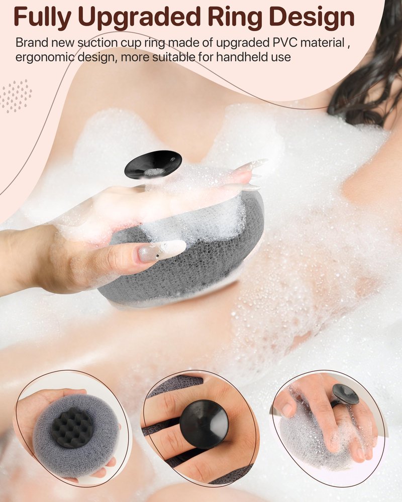 Super Soft Sunflower Suction Cup Bath Sponge loofah, 2026 Upgraded 2-in-1 Sunflower Ball Exfoliating Bath Sponge Cleaning Brush, Mesh Shower Body Sponge Accessories for Women, Men Shower (Black+Grey)