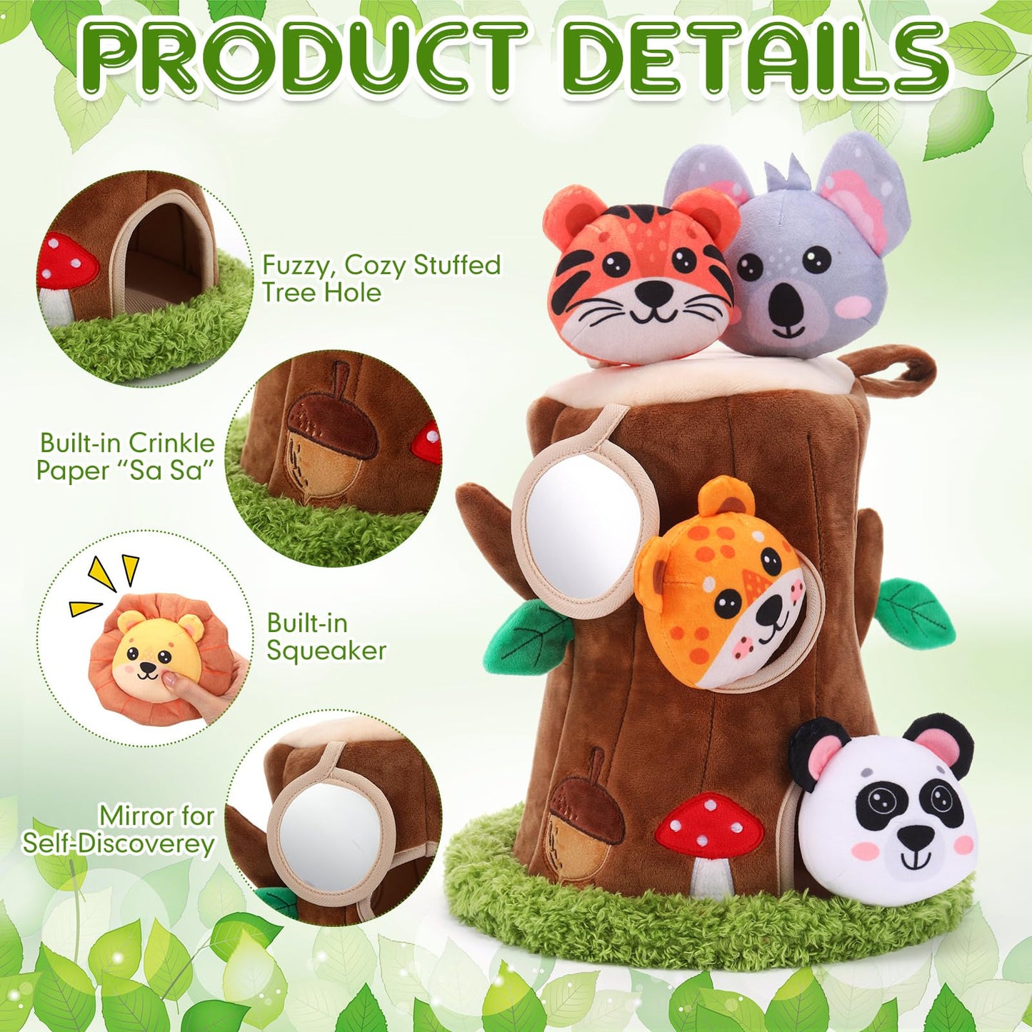 Arrowbash 13 Pcs Plush Animal Tree House Toy for Babies 6-24 Months, Hide and Seek Sensory Toy, Montessori Toddler Learning Toys, Soft Stuffed Animal Playset, Baby Development Toys Gift for Boys Girls