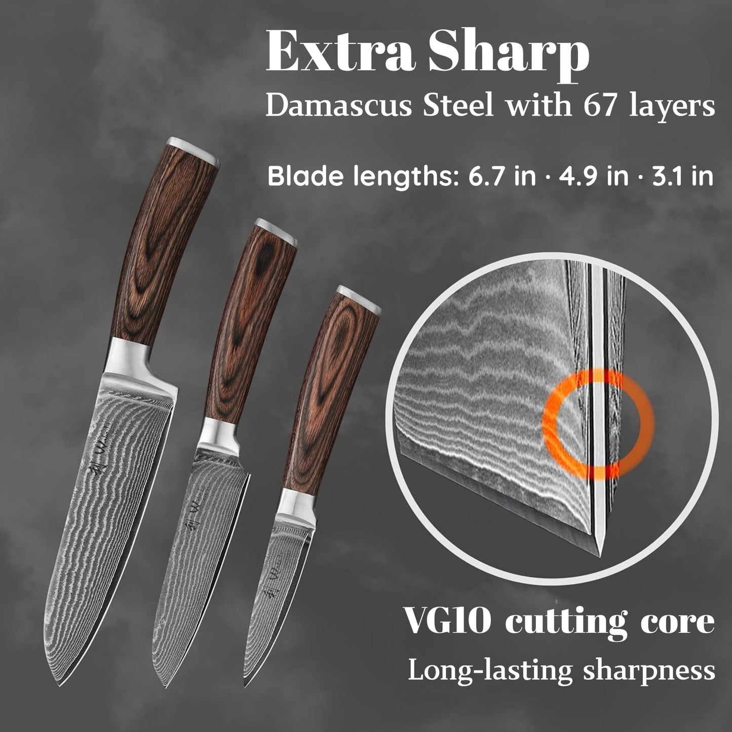 Wakoli EDIB 3-Piece Damascus Kitchen Knife Set in Wooden Gift Box, Razor Sharp Genuine Damascus Steel (VG10 Core), Includes Santoku, Small Santoku and Paring Knife, Ergonomic Pakkawood Handle