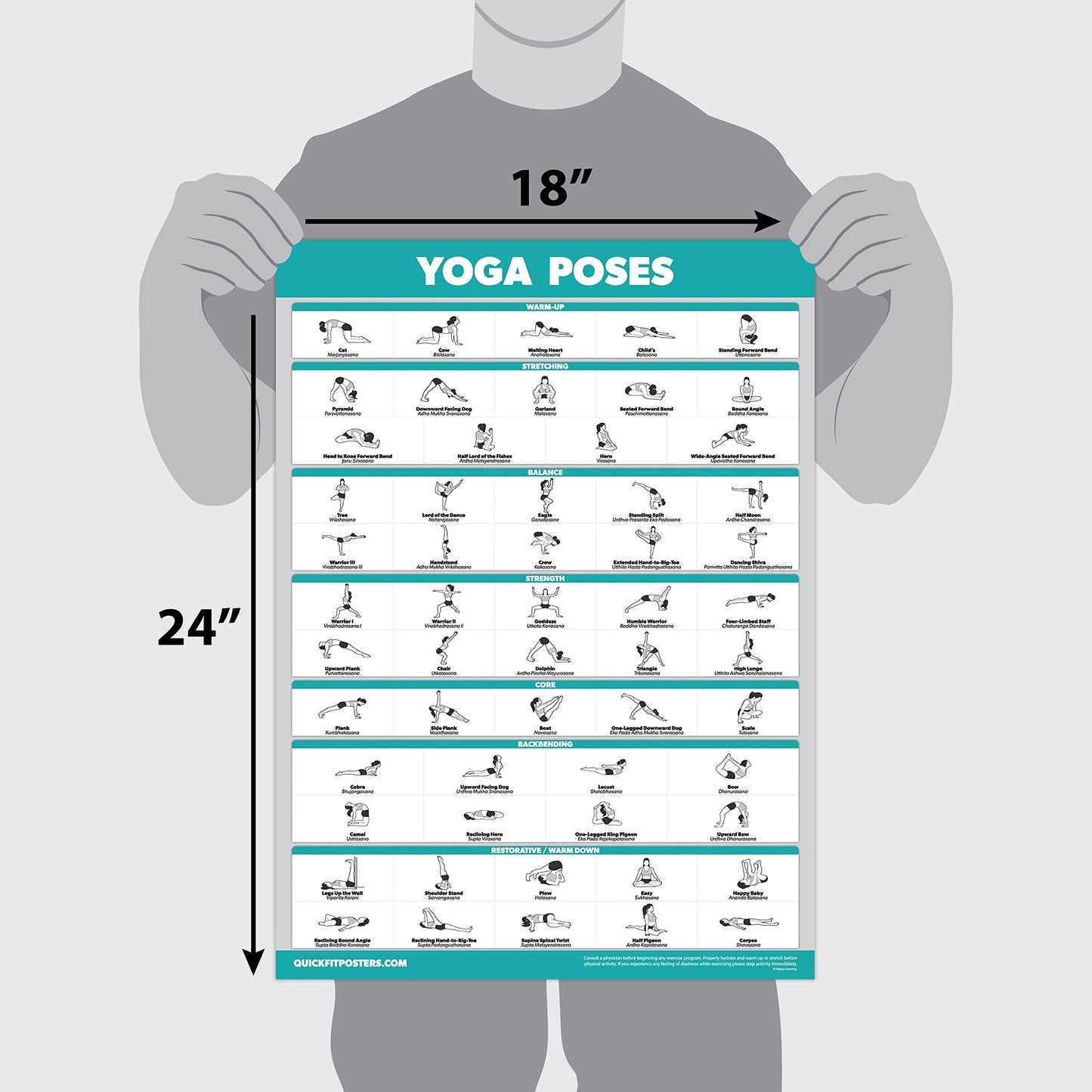 Quickfit 3 Pack - Yoga Poses + Stretching Exercises + Pilates Mat Work Poster Set - Set of 3 Workout Charts (LAMINATED, 18" x 24"")"