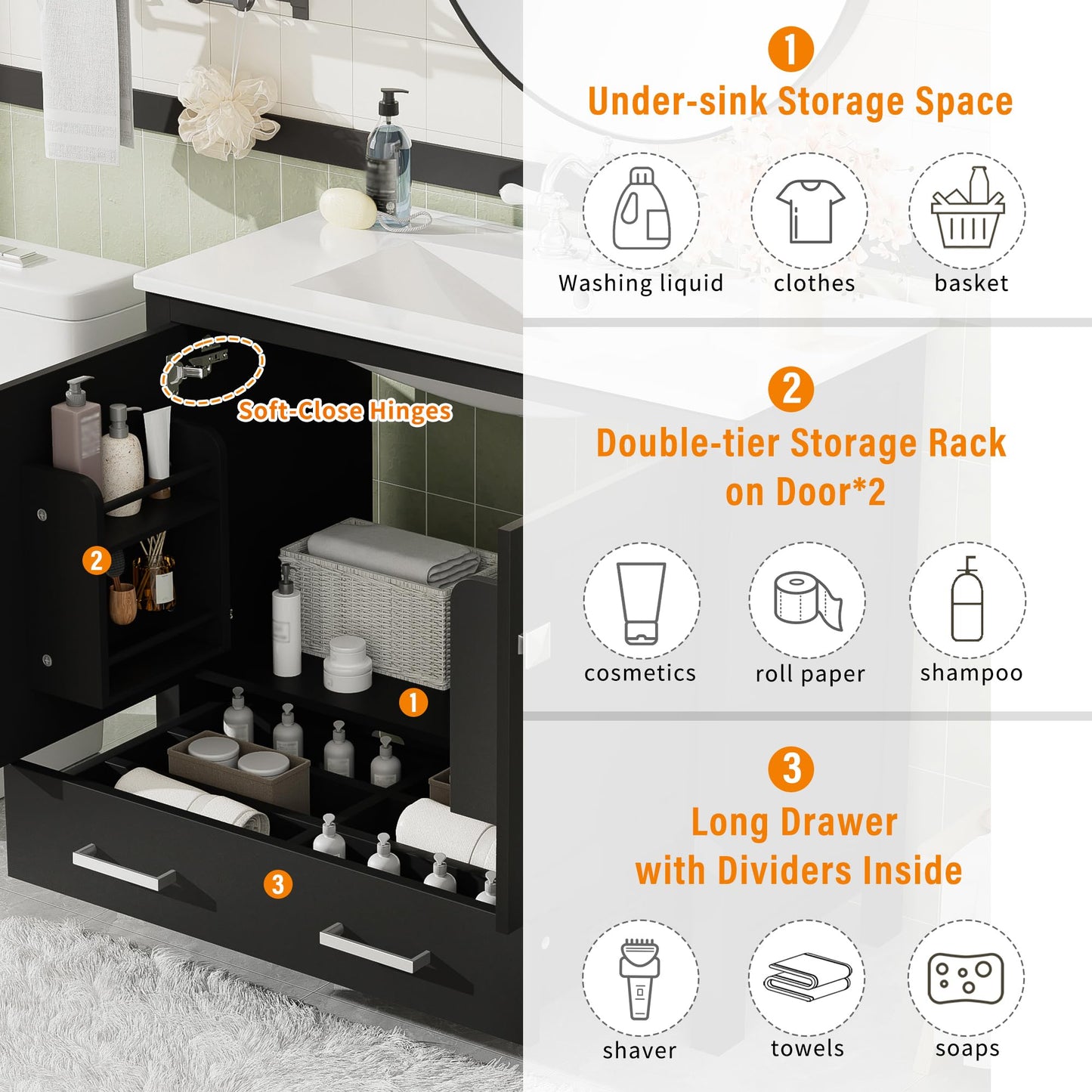 Merax 72 Inch Black Bathroom Vanity with Double Sinks, Modern Freestanding Cabinet with Soft Close Doors, Ample Storage (Divided Drawer, Shelves), Ceramic Sinks & Overflow (2 Separate Units), Black