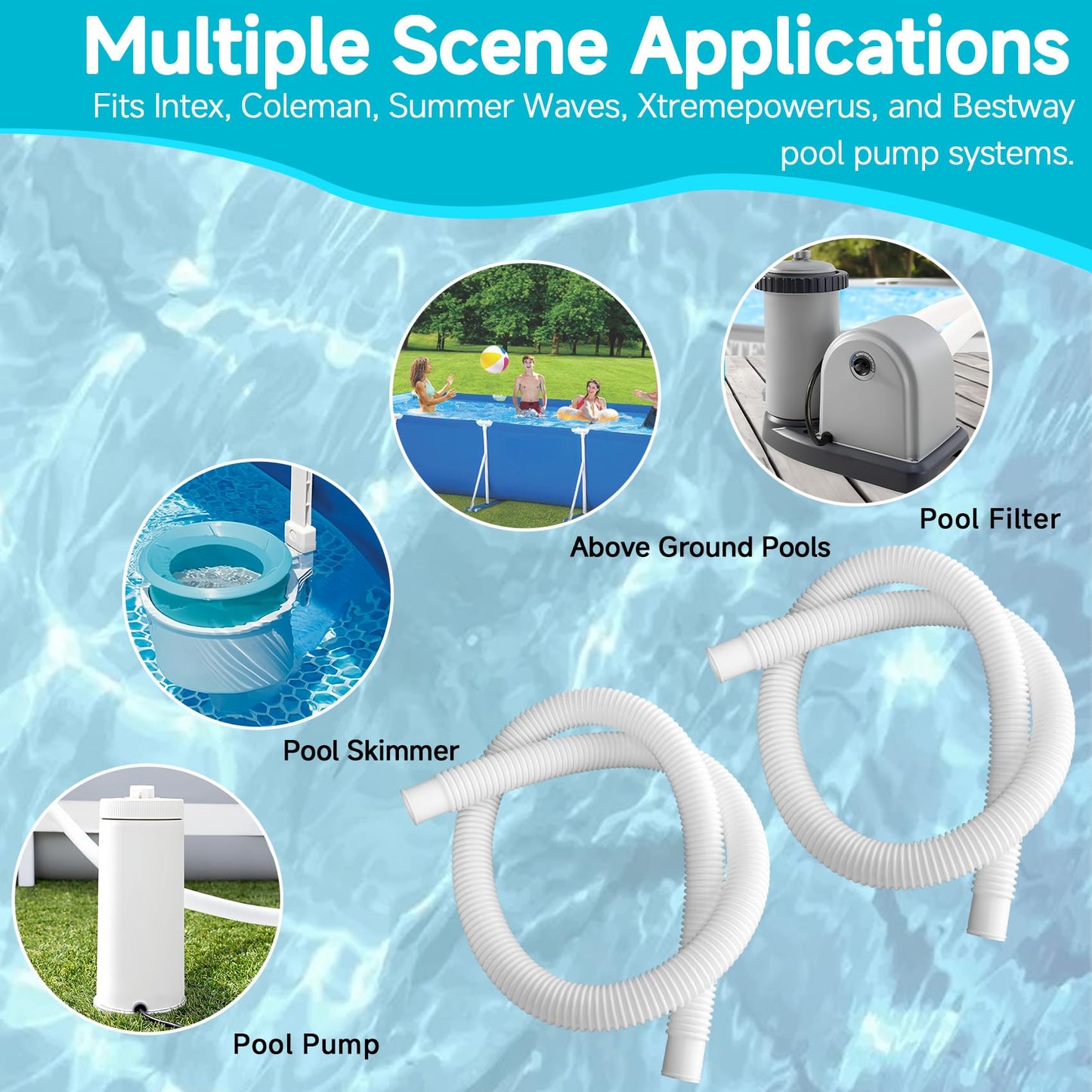 1.25 Inch Pool Hose for Above Ground Pools, 1-1/4" x 3ft Flexible Pool Skimmer Hose Replacement Compatible with Intex, Coleman, Summer Waves, XtremepowerUS, Bestway, Sand Filter Pumps (White, 2 Pack)