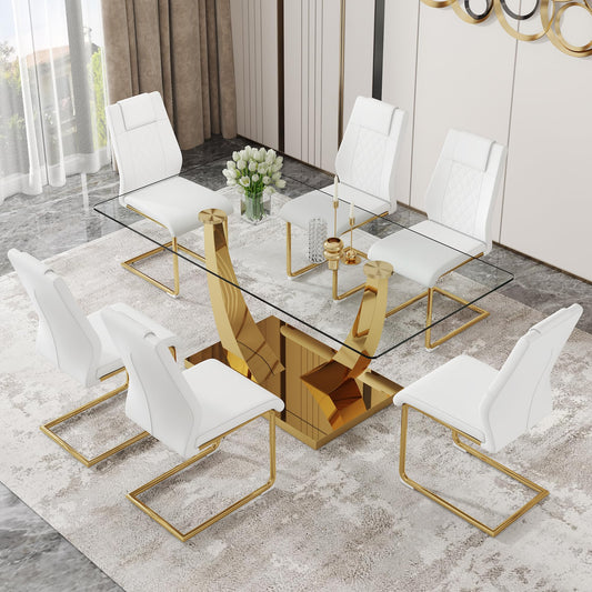 JEARGE Glass Dining Table Set for 6, Modern Kitchen Table Set for 6, 71" Tempered Glass Tabletop with U-Shaped Gold Base, 7 Ppiece Large Dining Room Table Set with White PU Leather Chairs