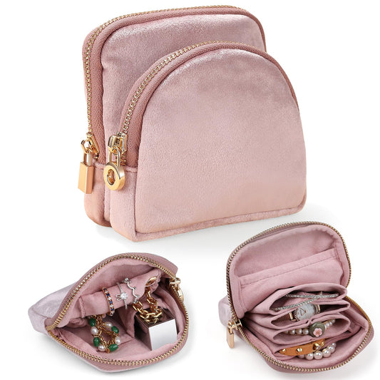 Lumayina Small Travel Jewelry Case Set 2-in-1 Detachable Velvet Pouches, Portable Jewelry Organizer Bag for Rings Earrings Bracelets, Gift Box for Women (Blush Pink)