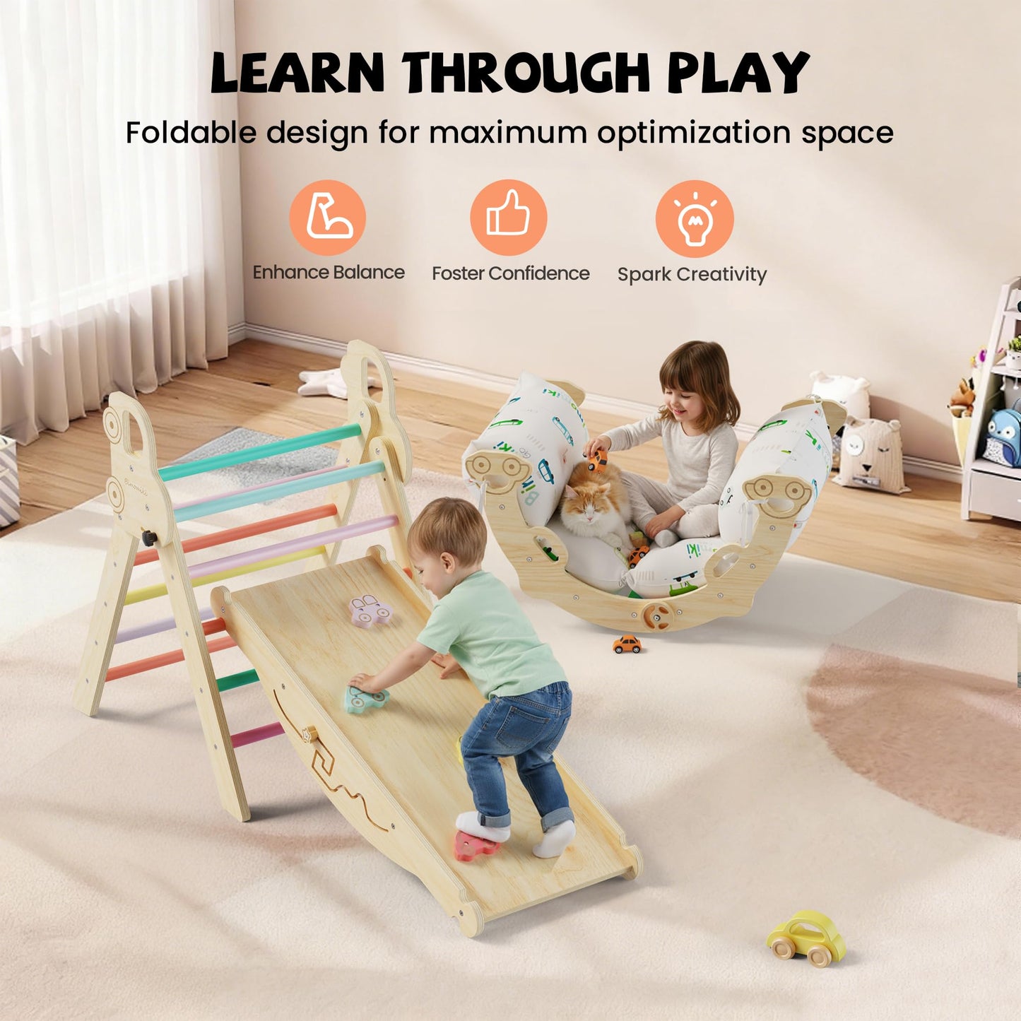Bimomiki Pikler Triangle Climbing Set with Cushion, Foldable Climbing Toys Indoor, Montessori Toddler Gym, 10-in-1 Climber & Playground, Gift for Christmas, Birthday, New Year (Rainbow Valley)