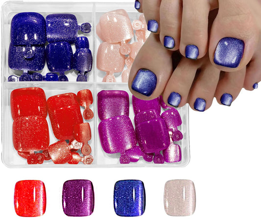 Cat Eye Press on Toenails for Women Press on Toe Nails Short Square Fake Toe Nails Blue White Red Purple Fake Toenails Glitter Reusable Full Cover Artificial Acrylic Toe Nails Manicure 96Pcs
