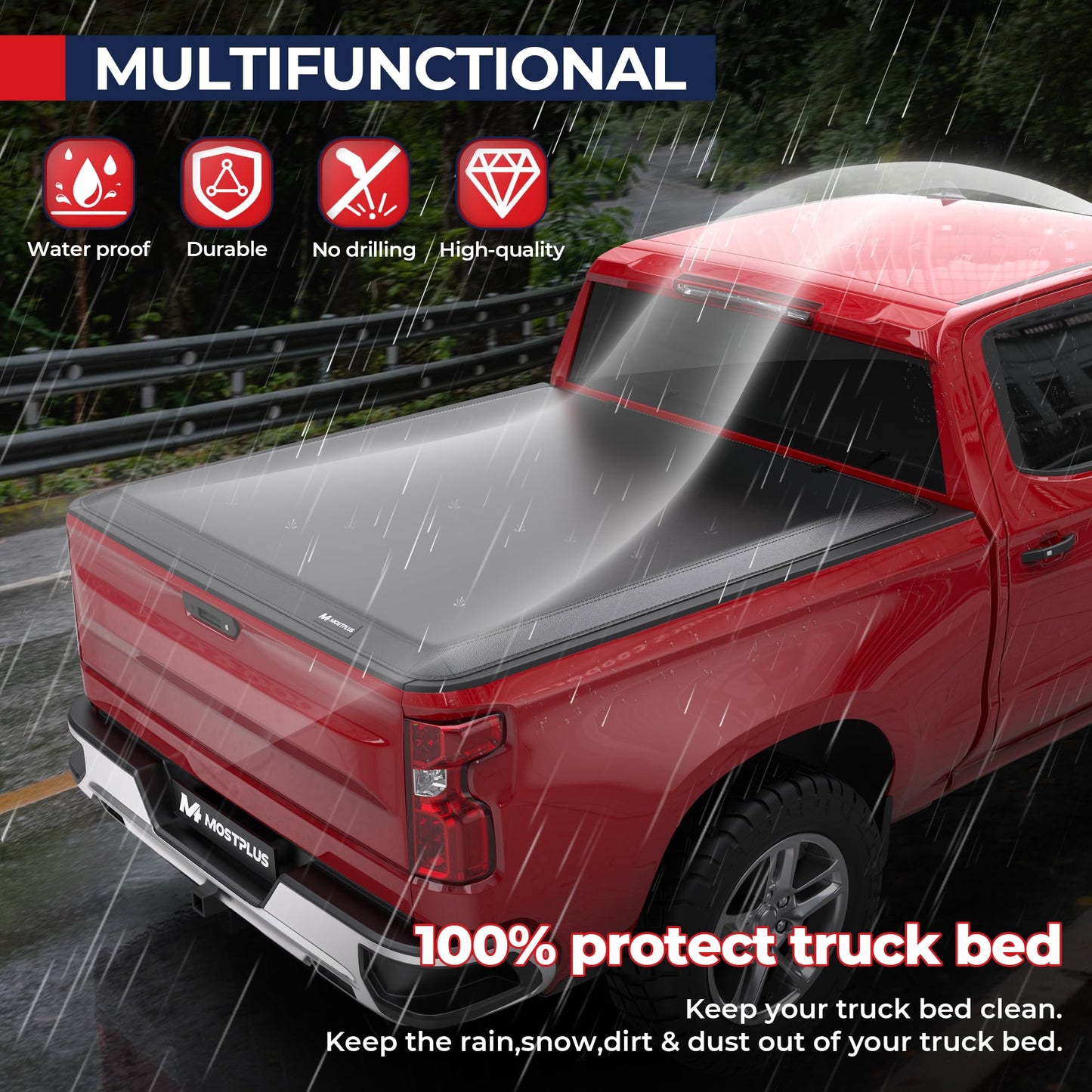 MOSTPLUS Quad Fold Soft Truck Bed Tonneau Cover Compatible for 2014-2019 Chevy Silverado GMC Sierra 1500 2015-2018 Silverado Sierra 2500 3500 HD 6.5/6.6 FT Bed Fleetside On Top